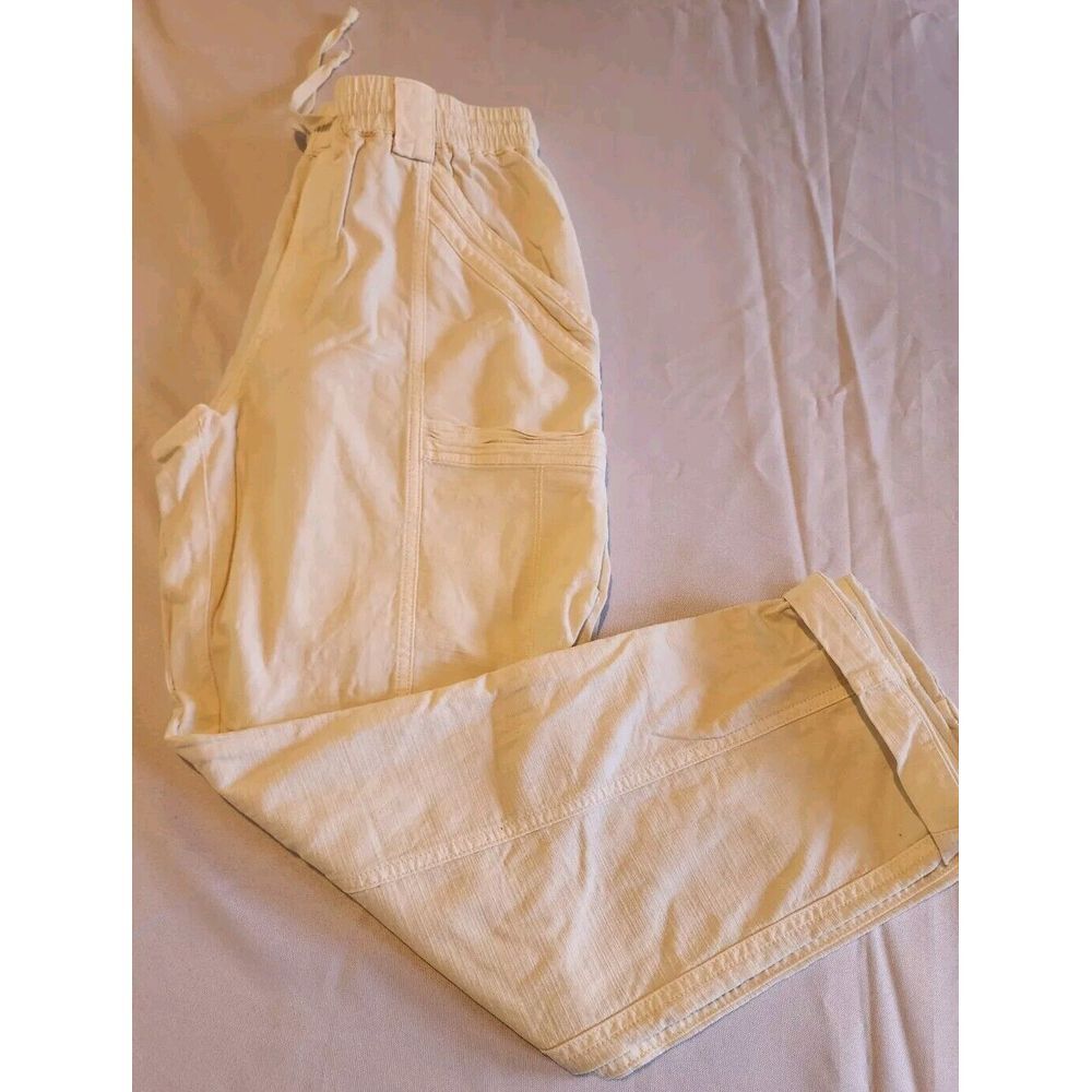 ANTHROPOLOGIE CROPPED CARGO PANTS WOMENS SIZE 27 IVORY CREAM POCKETS‎ ELASTIC